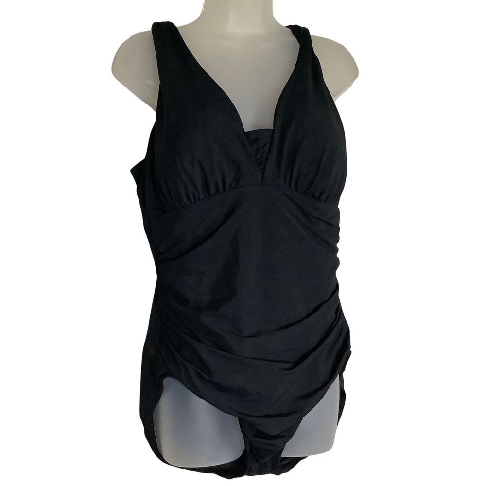 Lands End Womens Black Ruched V-Neck One Piece Swimsuit Size 18 Surplice